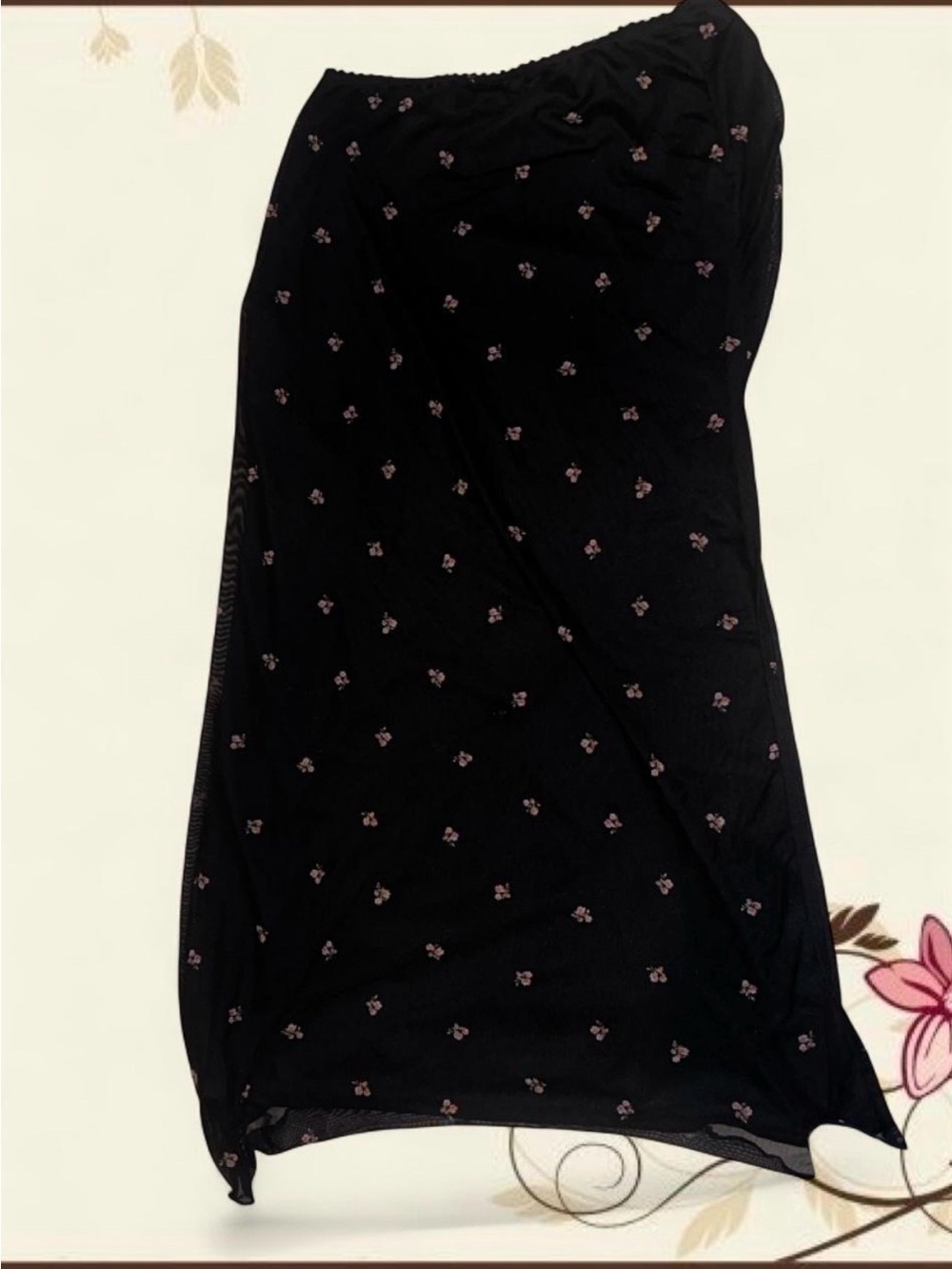 Black Floral Mesh Midi Skirt